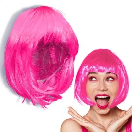 Peluca Lacia Corta Rosa Neón Disfraz Fantasía Fiesta Cosplay