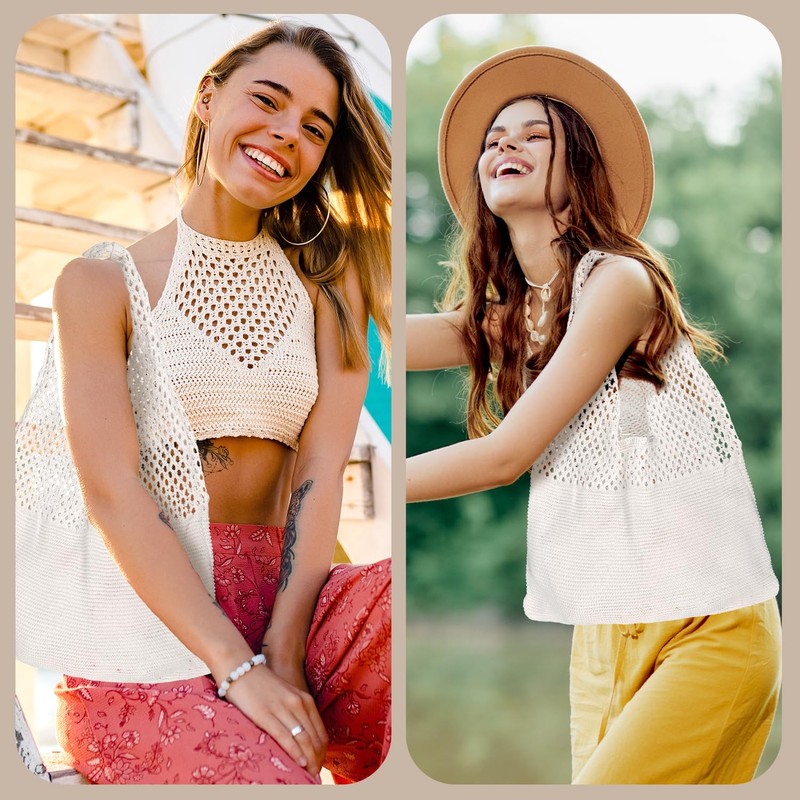 DIPZO Crochet Beach Bag, Summer Tote Bag for Women, Knit