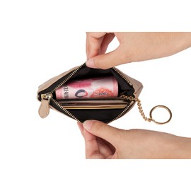 Doris&Jacky Soft Lambskin Leather Coin Purse Small Quilted RFID Blocking Top Zipper Wallet With Key Chain, Beige, Fashion Accessory