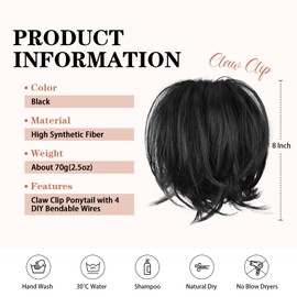 BOGSEA Claw Clip Ponytail Hair Extension - 8 Inch Short Ponytail DIY Bendable Wires Hair Piece for Women Synthetic Fake Pony Tails Daily Use-Black