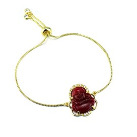 COLORFUL BLING Natural Jade Stone Laughing Buddha Link Bracelet Pendant 18K Gold Plated Cubic Zirconia Crystal Adjustable Lucky Gemstone Amulet Protection Jewelry for Women Men-Red