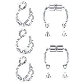 incaton Fake Double Hoop Nose Rings 6pcs Clip On Fake Lip Nose Septum Belly Rings Faux Helix Earring Stainless Steel Non Pierced Percing Jewellery
