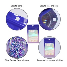 Funnyleaf 100 Pieces Purple Fade Blue Resealable Mylar Holographic Bags Food Storage Smell Proof Bags with Front Window Packaging Pouch for Cookies Sample Jewelry Snack,2.36 * 3.94 inches