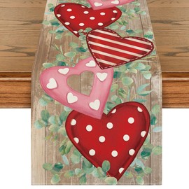 Artoid Mode Wood Love Hearts Valentine's Table Runner, Anniversary HoliKitchen Dining Table Decoration for Home Party Decor 13x72 Inch