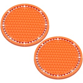 MEAJOO 2PCS Bling Cup Holder Coaster, 2.75 Inch Auto Car Cup Holder Insert Coasters, Soft Silicone Anti-Slip Shockproof, Universal Vehicle Interior Accessories for Women Girls (Orange & White)