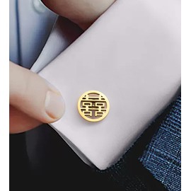 Jonwo Chinese Shuangxi Wedding Cufflinks for Men in a Gift Box Double Happiness Men Cufflinks for Wedding Daily Office Shirt Party Birthday Anniversary Dress (Round 14K Gold Plated Cufflinks)