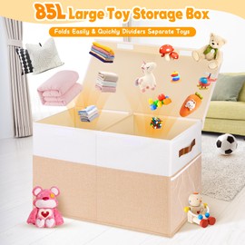 Large Toy Storage Box, Collapsible Sturdy Storage Chest With Lids, Kids Toy Storage Organizer Toddler Bin Boxes, 25"x13"x16" Toy Chest Box Bin Baskets for Living Room, Bedroom, Nursery, Beige & White