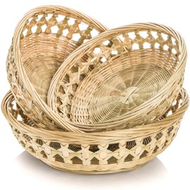ZENFUN 3 Packs Round Wicker Bread Basket, Bamboo Serving Trays, Handwoven Baskets for Serving, Woven Fruit Basket, Rattan Wicker Serving Basket for Daily Dinning, Kitchen Organization, Stackable