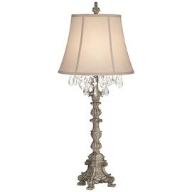 Duval French Country Cottage Table Lamp 34" Tall Crystal Distressed Antique White Candlestick Beige Bell Shade Decor for Living Room House Bedside Nightstand Home Office Family - Barnes and Ivy