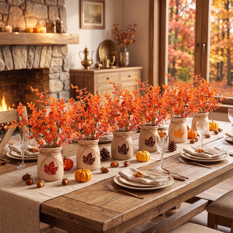 6 Set Fall Mini Mason Jar Centerpieces, Rustic Glass Vases