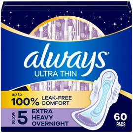 Always Ultra Thin Feminine Pads with Wings for Women, Size 5, Extra Heavy Overnight Absorbency, Unscented, Up to 100% Leak-Free Comfort, 60 Count
