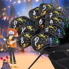 Golf Iron Club Head Cover 10pcs/set Magictape 4～9PASX Balck PU Leather Colorful Skull Pattern