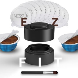 Nessus - Kit de cápsulas reutilizables Vertuo, [ALSeal EZ FIT] para cápsulas reutilizables Nespresso con 150 tapas de sellado de papel de aluminio, soporte, cepillo para polvo, para rellenar cápsulas Nespresso Vertuo reutilizables