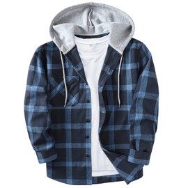 Flannel Hoodie for Men Hooded Flannel Shirt Casual Shirt Mens Buffalo Plaid Shirts Button Down Western Shirt Plaid Hoodie Navy