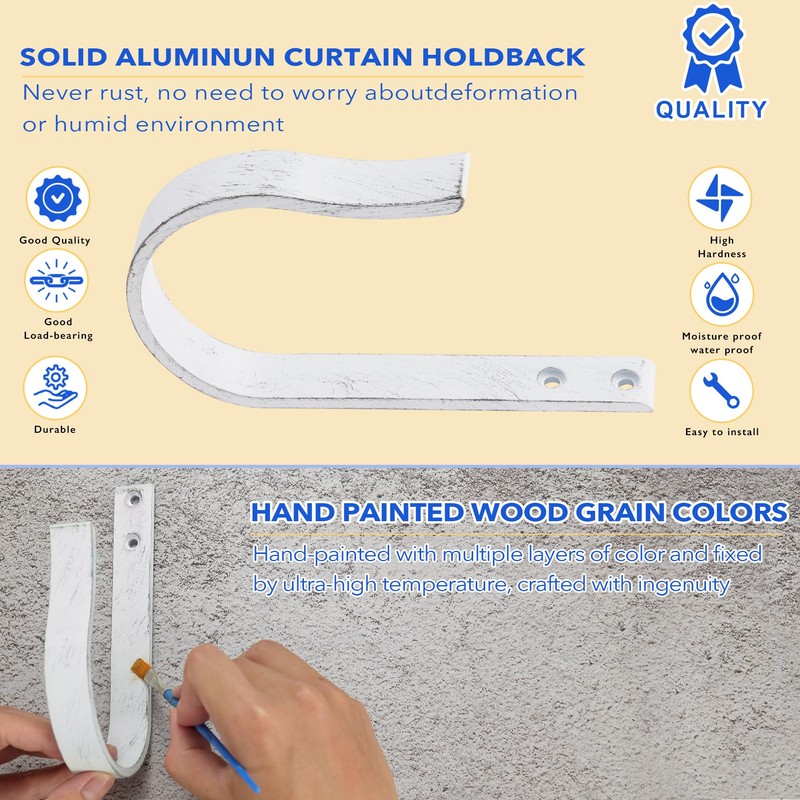 Mayrhyme White Wood Grain Curtain Holdbacks,Solid Aluminum Wall Mounted Curtain