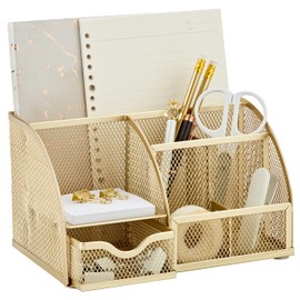 Annova Mesh Desk Organizer Office with 7 Compartments + Drawer/Desk Tidy Candy/Pen Holder/Multifunctional Organizer (Gold)