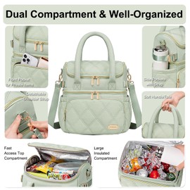 Weitars Lunch Bag for Women Men,Double Deck Lunch Box for Women,Quilted Lunch Tote for Work,Insulated Lunch Cooler Leakproof Lunchbox for Adult with Shoulder Strap &Pockets for Picnic Hiking (Green)