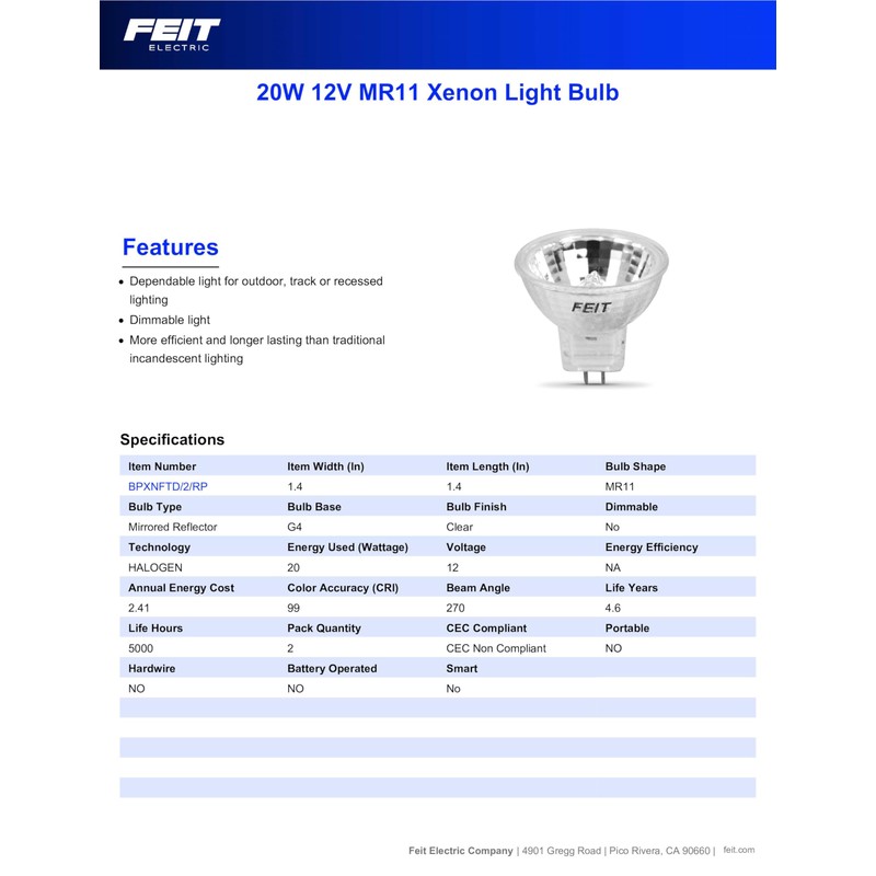 Feit Electric MR11 Xenon Light Bulb, 20-Watt, G4 Bi-Pin Base,