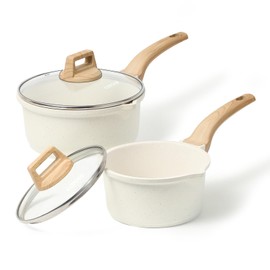 CAROTE 1.5Qt & 3.0Qt Sauce Pan Set with Lid Nonstick Saucepan 4 Pcs Non Stick Sauce Pots Cooking Pot with Pour Spout, Easy to Clean, Small Kitchen Pots Induction Pot, PFOA FREE (White Granite)