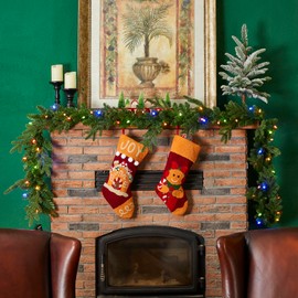 Glitzhome Set of 2 9ft Pre-Lit Greenery Christmas Garlands, Xmas Garlands with 50 C4 Strawberry LED Lights and Timer for Table, Mantel, Wall, Indoor, Outdoor Christmas Decorations