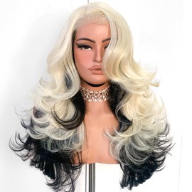 Blonde With Black Glueless Feather Layered Wig With Bangs 13x6 HD Lace Front Synthetic Wig Pre Plucked Cutting Natural Hairline Hair 22inch