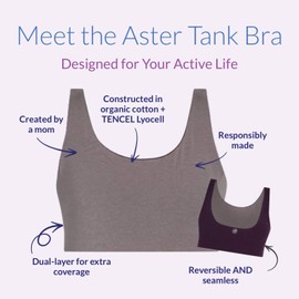 Aster Tank Bra, Ultra Soft Organic Cotton | Teens & Tweens Reversible & Seamless First Bra, Wide Band for Extra Support | Comfortable Sports Bra Black-Grey
