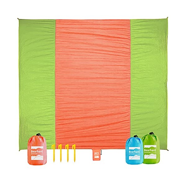 Bearhard Beach Blanket Sandproof, Sand Free Extra Large Oversized 75"x115" for 5 Adults Beach Mat, Soft Comfortable Quick Drying Lightweight Compact with 4 Stakes, Orange