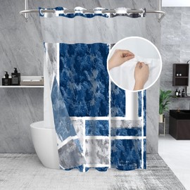 SSCRCUSLY No Hook Shower Curtain with Snap in Fabric Liner Set, Navy Blue Geometric with Modern Hotel Abstract Design for Bathroom, 71x74 Inches