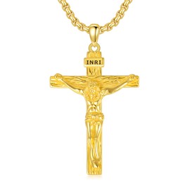 PDTJMTG Crucifix Necklace for Men Sterling Silver Men’s Crucifix Cross Pendant with 22”+2” Stainless Steel Chain Gift for Men (01-Gold)