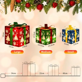 FWLWTWSS Light Up Present Boxes Christmas, 60 LEDs Christmas Decorations Parcels Lights 8 Modes, Ornament With Bow Christmas, Set of 3 Xmas Light Under Xmas Tree Luminous Outdoor Decorative Gift