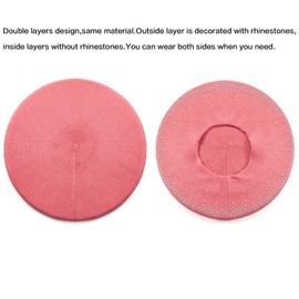 LADYBRO Sombreros de boina con diamantes de imitación para mujer, 2 capas de lana francesa, sombrero cálido de invierno, Rosa Oscuro-44008, Talla única