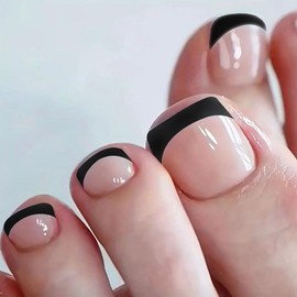 Press on Toenails Short Square Fake Toenails with Black French Tip Designs Glossy Toe Nails Press ons Nude Acrylic Toenails Cute False Toenails Daily Wear Simple Stick on Toenails for Women 24Pcs