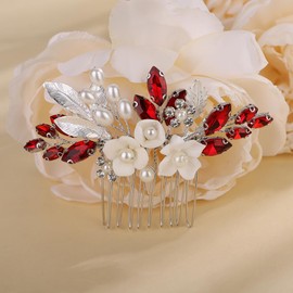 Teyglen Dainty Flower Wedding Hair Comb Bridal Silver Leaf Rhinestone Hair Piece Red Crystal Pearl Hair Side Comb Wedding Hair Accessories for Women Flower Bridal Hair Clips(Silver Red)