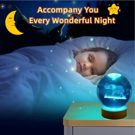 Gutsyluv 3D Crystal Ball Night Light with 16 Color LED Wooden Base with Remote, 3.15 Inch K9 Crystal Ball Night Light,3D Laser Engraving Holographic Lamp (Elephant)