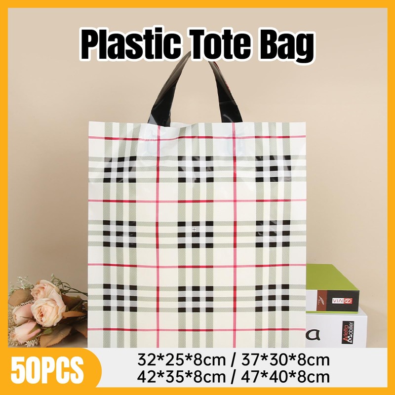 AIMALL 50-Pack Reusable Plastic Tote Bags, Durable Shopping Bags with