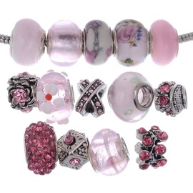 RUBYCA Murano Lampwork Charm Glass Beads Tibetan Crystal European Bracelet Mix Assortment Pink 15Pcs