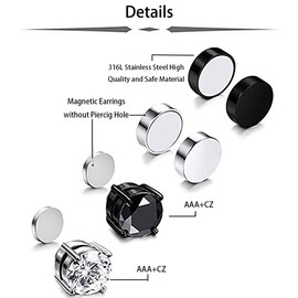 HENGYID 4 Pairs Stainless Steel Magnetic Stud Earrings for Men Women CZ Magnet Non Pierced Clip On Earrings Set 6MM