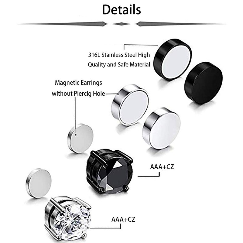 HENGYID 4 Pairs Stainless Steel Magnetic Stud Earrings for Men