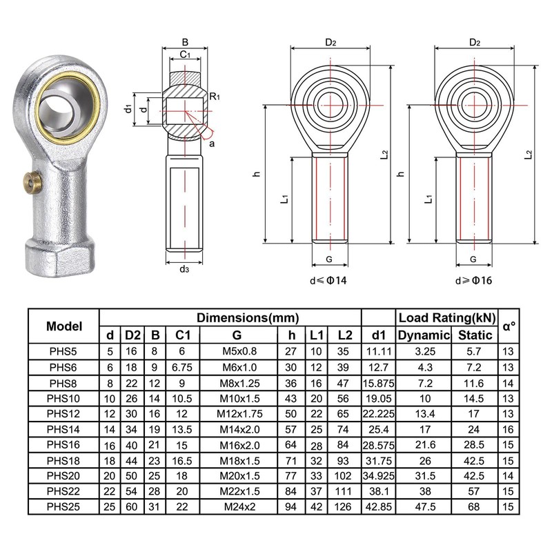 TA-VIGOR 2Pcs PHS6 M6 Female Rod End Bearings, Spherical Rod
