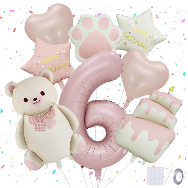Panouo 8-Pack Matte Bear Party Balloons, Pink Foil Balloons, 6-Year-Old