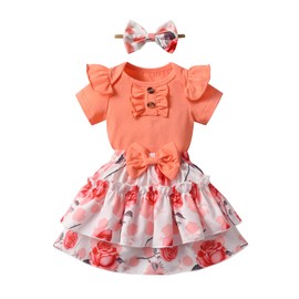 Infant Baby Girls Clothes Newborn Summer Ruffle Short Sleeve Romper Short Skirt Headband Outfits Set Pink 9-12 Months