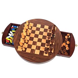 Hansen Classic Games Collection - Walnut Round 3 in 1 Game Set - Reversable Board - Pieces for Chess, Chinese Checkers, and Checkers