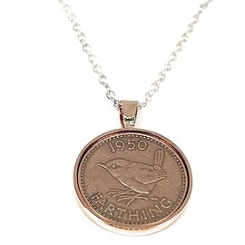 1950 Premium Rose Gold Plated Farthing Pendant for 75th Birthday Gift with 18 inch sterling silver chain - Gift for Her RG
