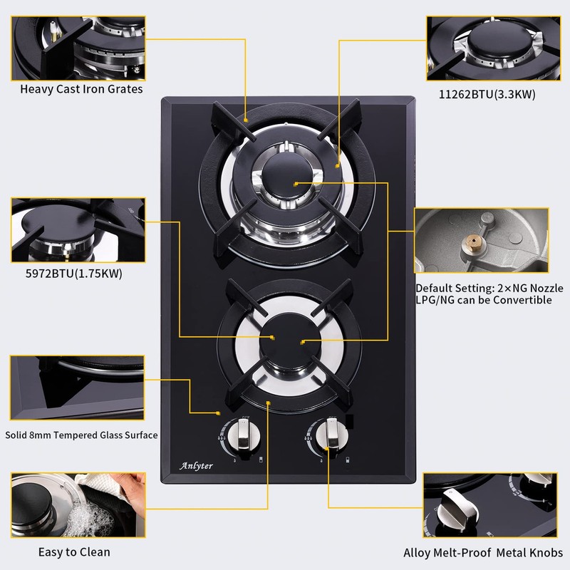 Anlyter 12 Inch Gas Cooktop, 2 Burner Built-in Stovetop Tempered