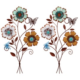 Moxweyeni Tricolor Flower Wall Decor Vintage Metal Wall Art Decor Rustic Hanging Flowers Decorative Metal Floral Art for Home Living Room Bathroom Indoor Outdoor, 15 x 9.1 Inch(2 Pieces)