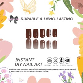 Press on Nails Short Square Brown Fake Nails with Glitter Leaves False Nails MABKJLF Full Cover Glossy Glue on Nails Solid Colour Acrylic Nails Artificial Nails for Women Girls 24 Pcs