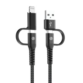Outdoor Tech Calamari 4.0 4-in-1 Charging Cable - Nylon Braided MFi Cable with Multiple Charging Tips - USB-C, Lightning, and USB-A
