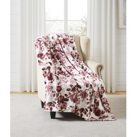 Home Decor Floral Fleece Throw Blankets: Soft Plush Liv Flower Garden Accent for Sofa Couch, Blush Pink Blue Purple Burgundy White