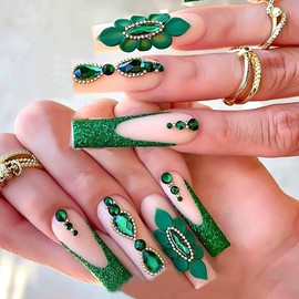 RUOKEXIN Long Square Press on Nails French Tip Fake Nails Green Glitter False Nails with Rhinestones Designs Long Glue on Nails Sparkly Artificial Nails Cute Stick on Nails for Women 24Pcs