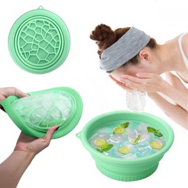 Konbison Face Ice Bath Bowl Mold With Built-In Icetray, Portable Foldable Silicone Dipping Water Facial Cold Immersion Therapy Plunge Bowl for Face Ice Bath Holder for Home And Travel (Green)